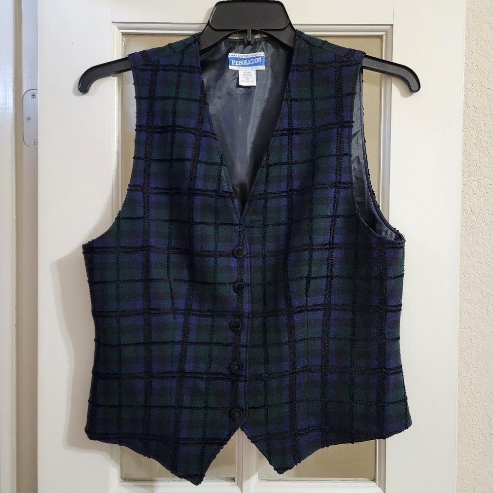 Pendleton Vintage Blackwatch Plaid Wool Vest Petite 12 Button Front Made in USA